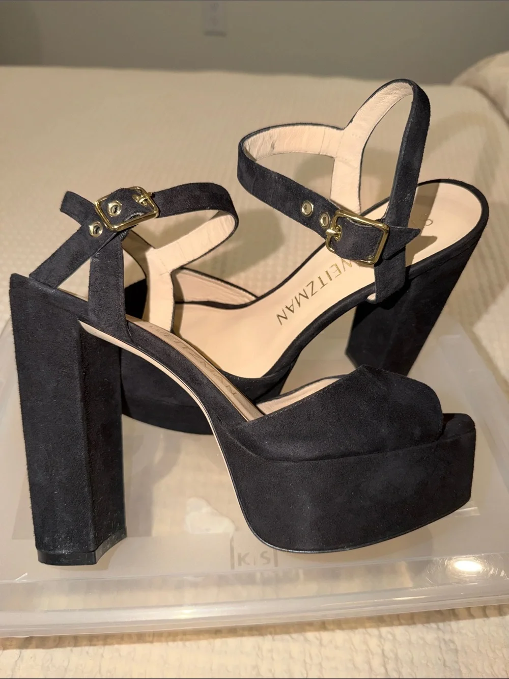 Stuart Weitzman Black Suede Platform Block Heel Sandals with Gold Buckles